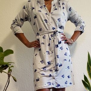 Thyme + Honey, button dress, with belt,, cotton/ poly, small, blue & white